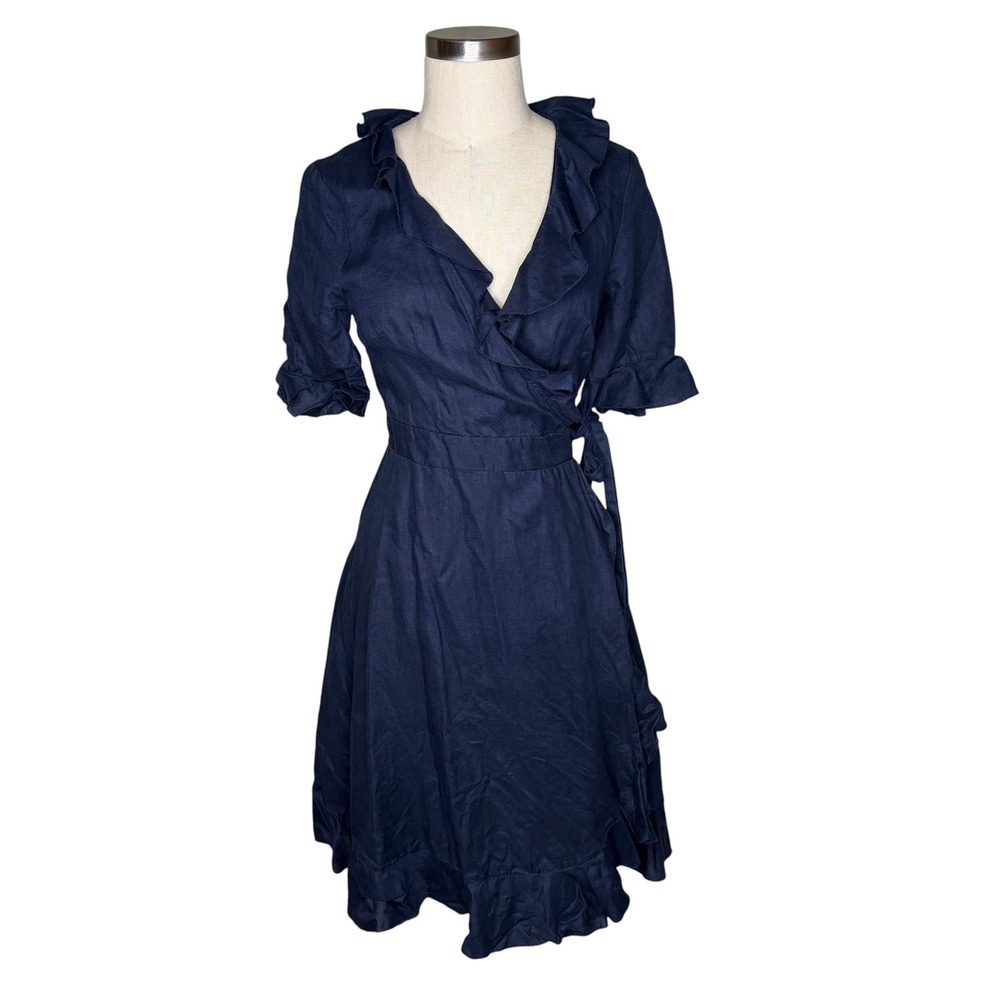 GREAT PLAINS Wrap Dress Navy Blue Linen Ruffle Short Sleeve Women's Size Small